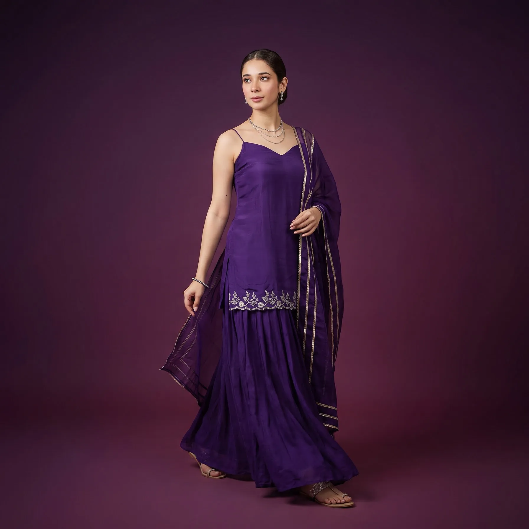 Royal Purple Embroidered Kurta Palazzo Set with Dupatta for Women