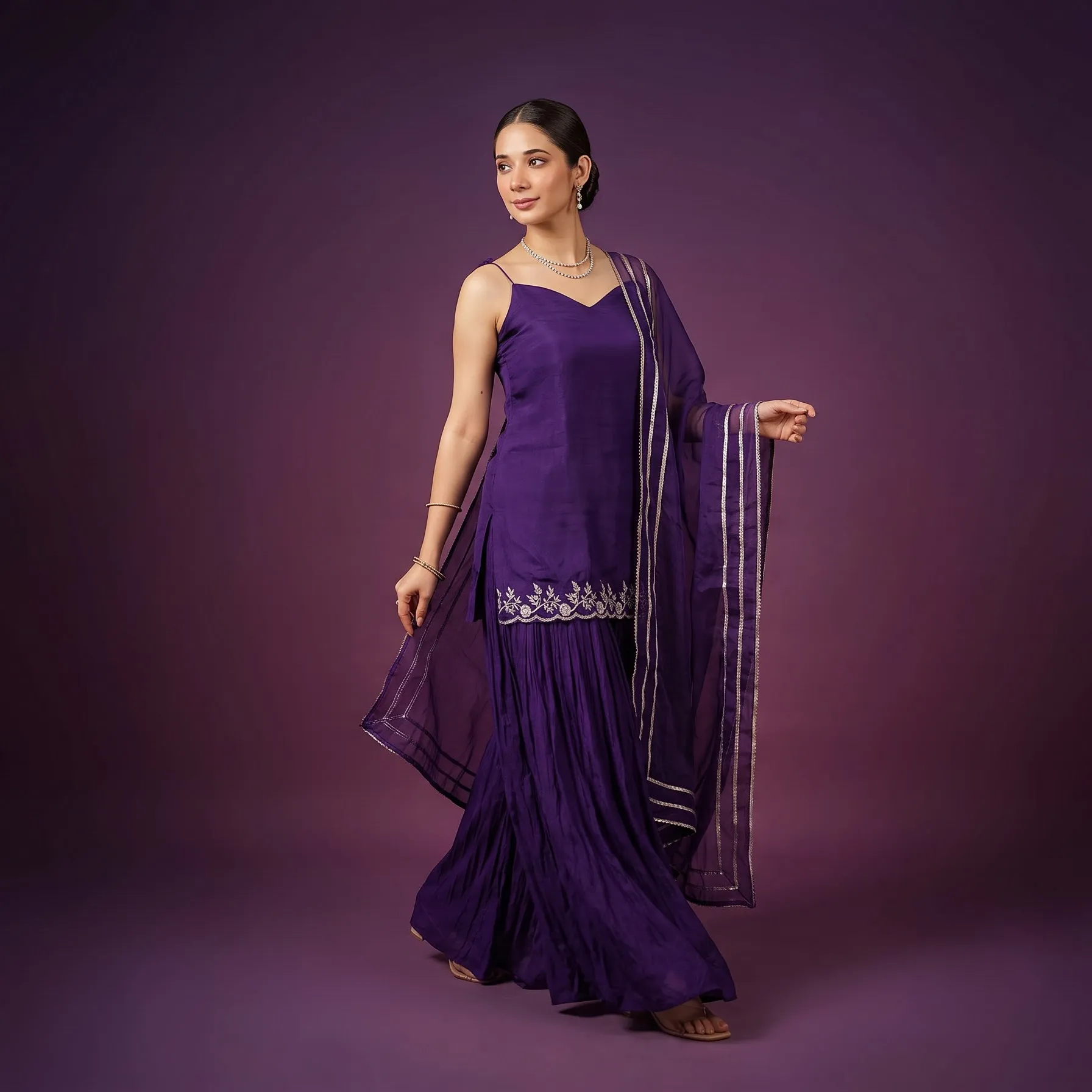 Royal Purple Embroidered Kurta Palazzo Set with Dupatta for Women