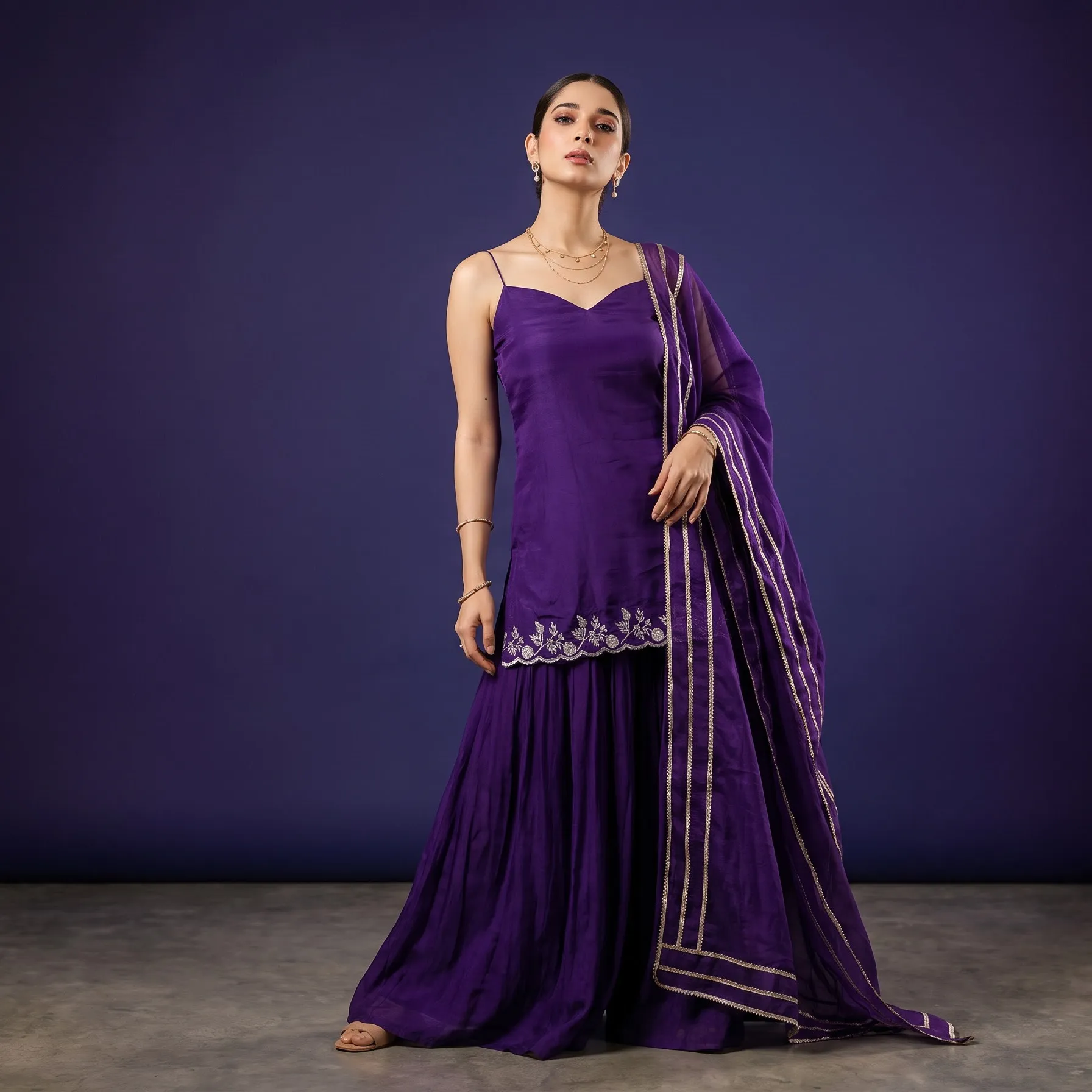 Royal Purple Embroidered Kurta Palazzo Set with Dupatta for Women